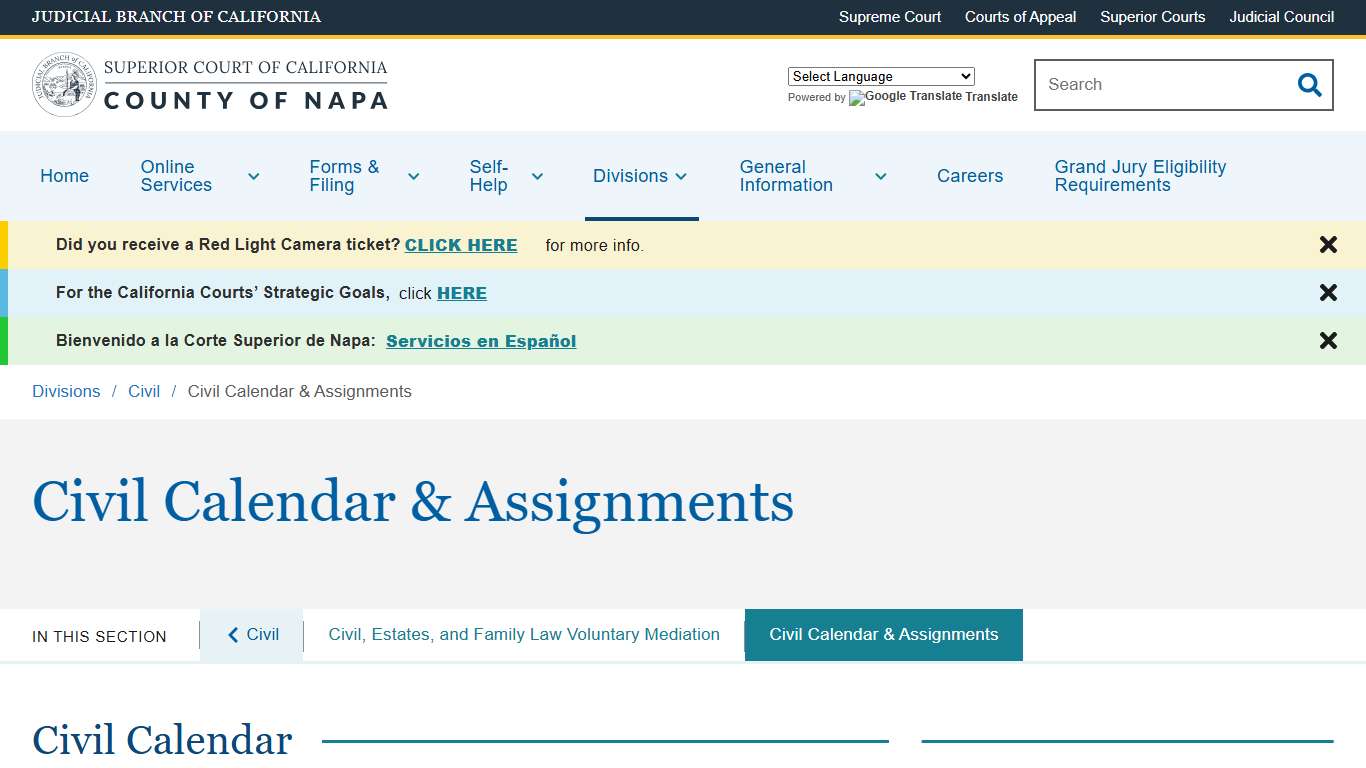 Civil Calendar & Assignments Superior Court of California County of Napa