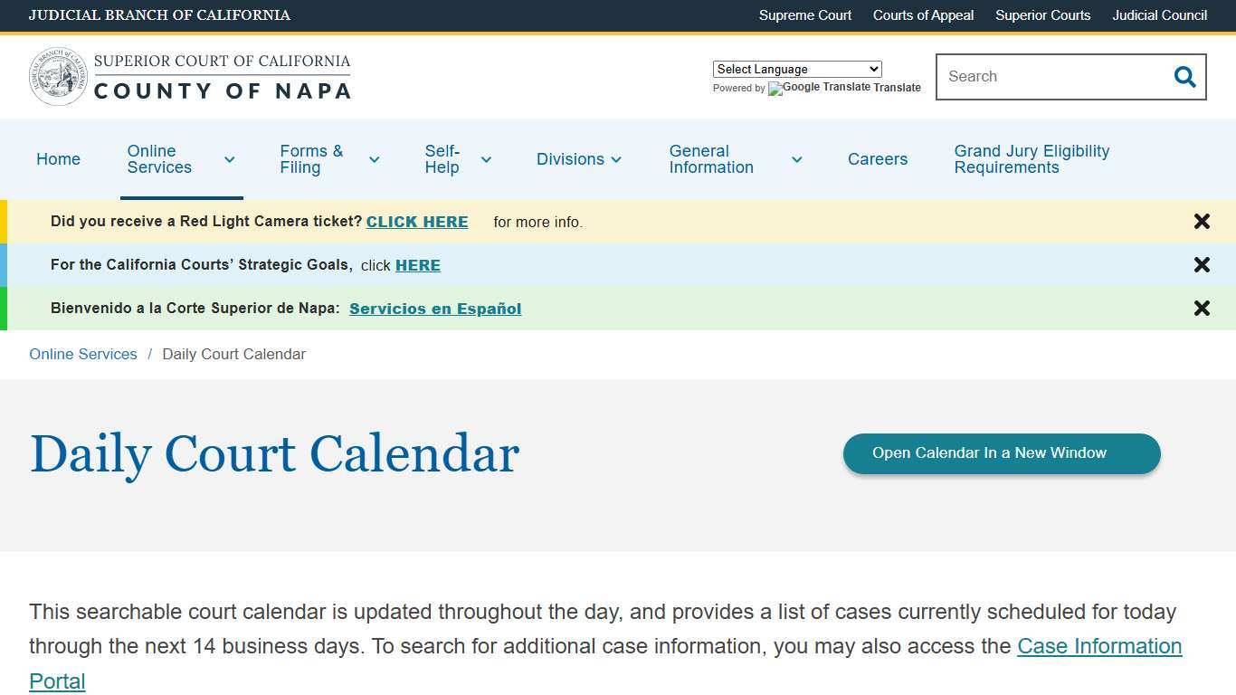 Daily Court Calendar Superior Court of California County of Napa